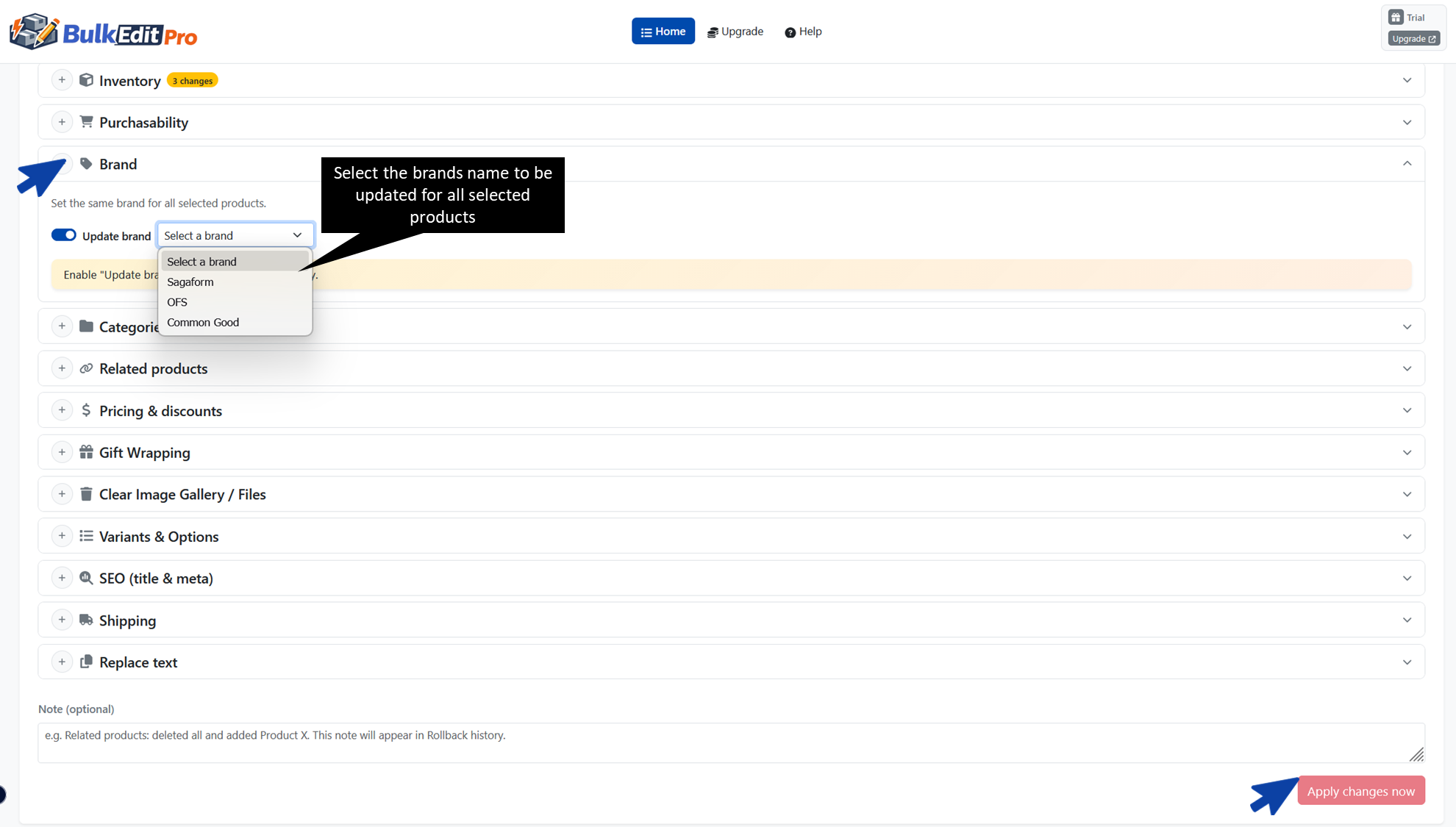 BigCommerce Bulk Edit Pro App showing how to add brands to selected products