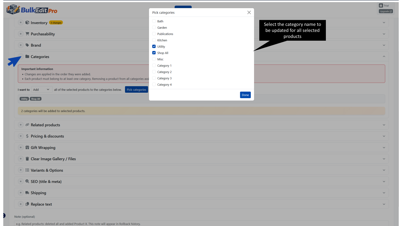 BigCommerce Bulk Edit Pro App showing how to add category to selected products
