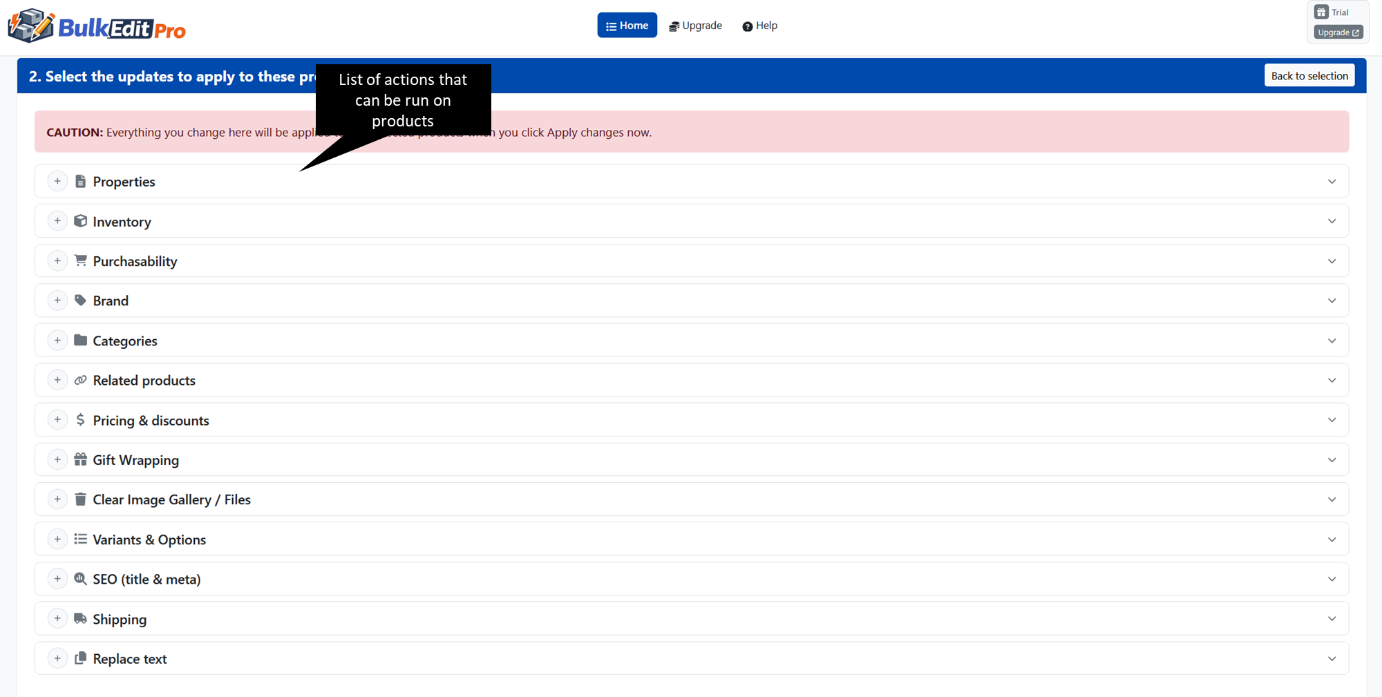 BigCommerce Bulk Edit Pro App showing list of actions you can perform on products