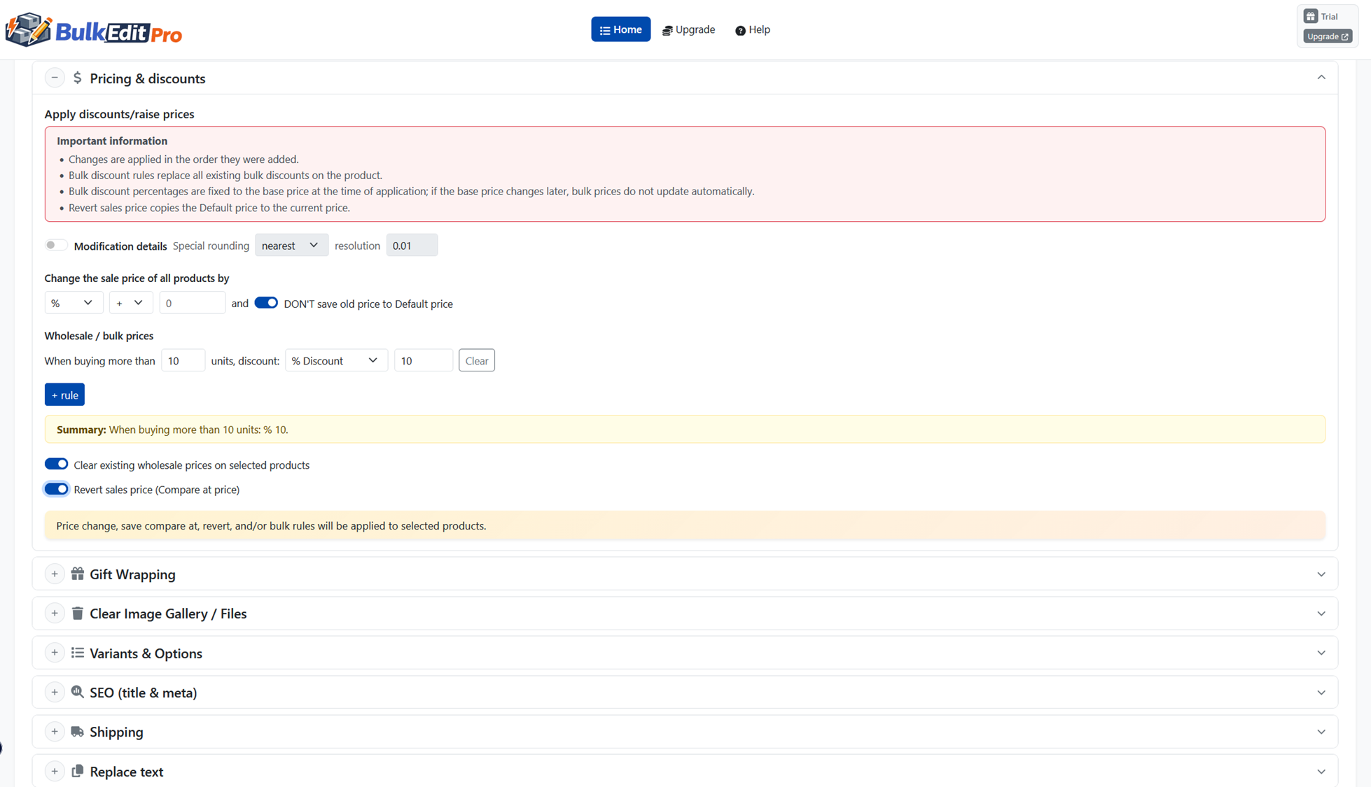 BigCommerce Bulk Edit Pro App showing how to change pricing or discounts for selected products