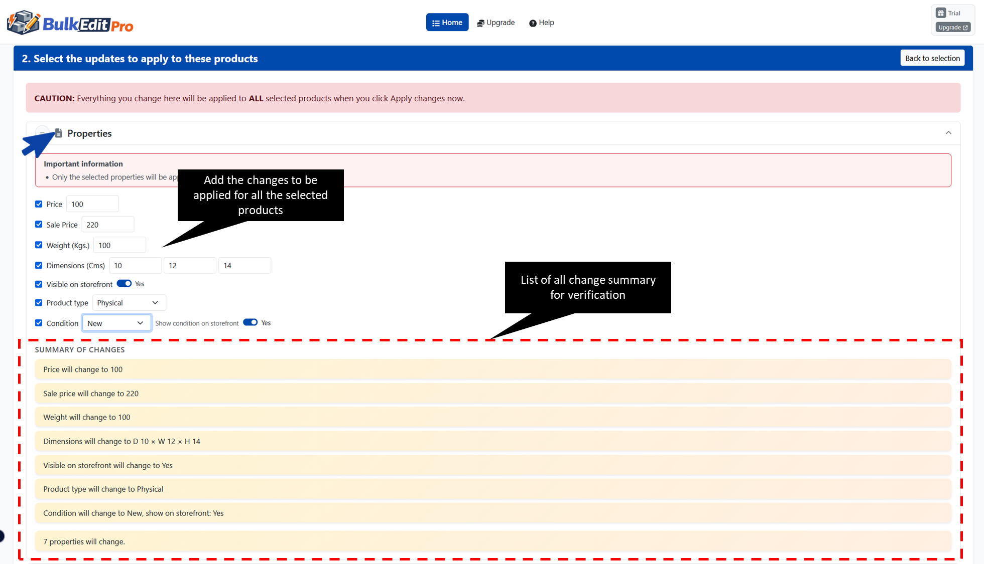 BigCommerce Bulk Edit Pro App showing how to update product properties