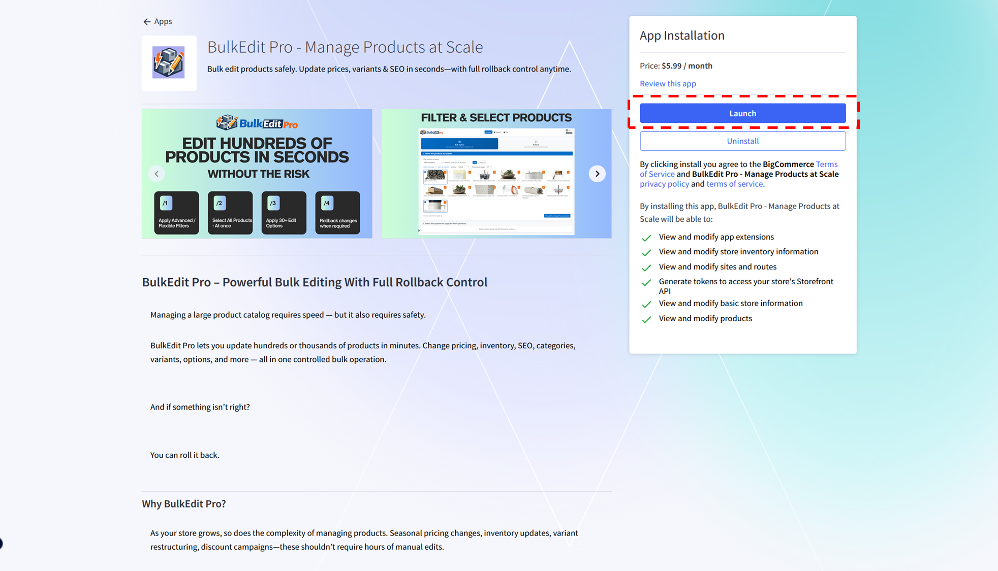 BigCommerce Bulk Edit Pro App installation page showing app installation process