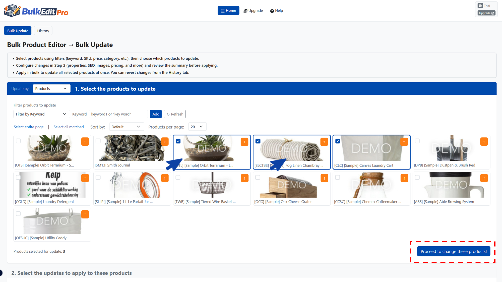 BigCommerce Bulk Edit Pro App showing how to select products to edit